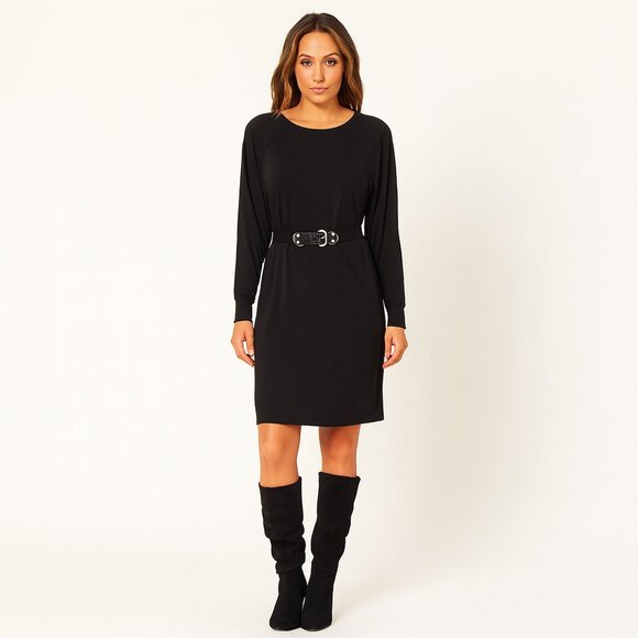 Michael Kors Black Jersey Dress with accented grommet detail belt Size Med - Picture 1 of 5